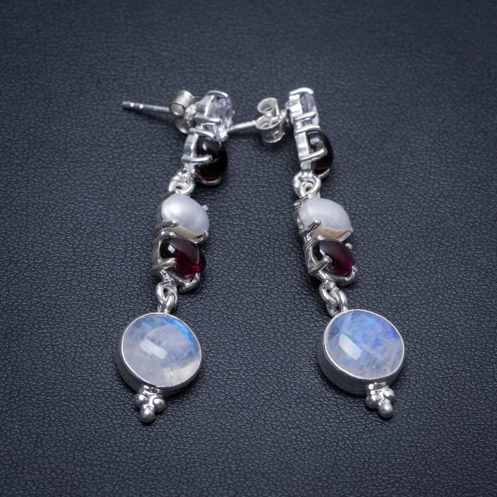 

Natural Moonstone,River Pearl,White Topaz and Amethyst 925 Sterling Silver Earrings 2" S1922