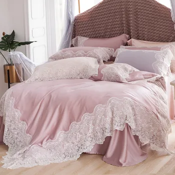 

Luxury Pink Blue 100S Tencel Silk Princess Girl Bedding Set White Lace Edge Duvet Cover Bed sheet Bed Linen Pillowcases