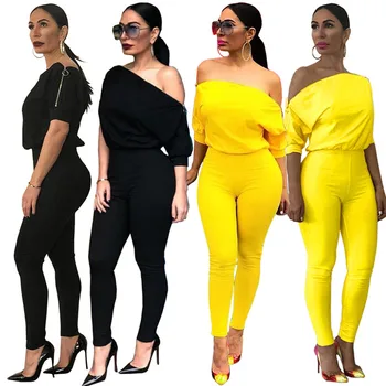 

Casual Regular Women Jumpsuit Nightclubs Sexy Double Zipper Strapless Slash Collar Off-the Shoulder Solid Color Romper Jumpsuit