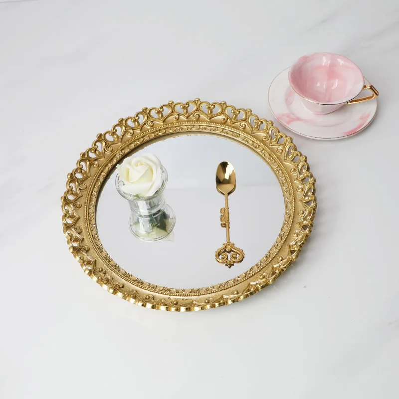 

Vintage Cake Trays Round Resin Mirror Gold Storage Trays Jewelry Dish Dessert Plate Kitchen Organization Cosmetics Wedding Ring