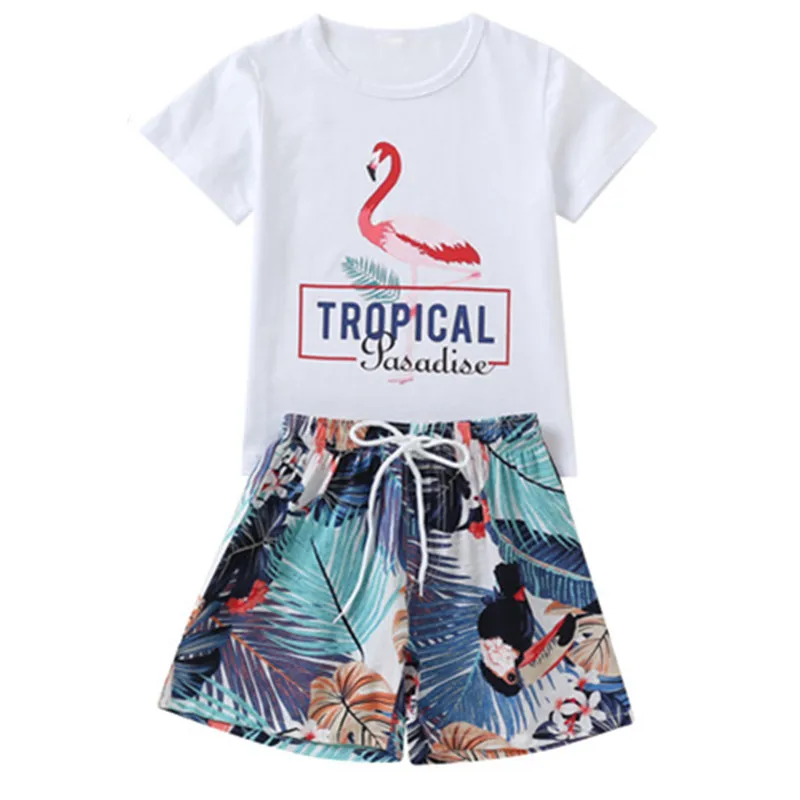 

kids boys 2019 summer letter print cotton t-shirt with tropical viscose shorts two pieces casual beach sets fashion clothes