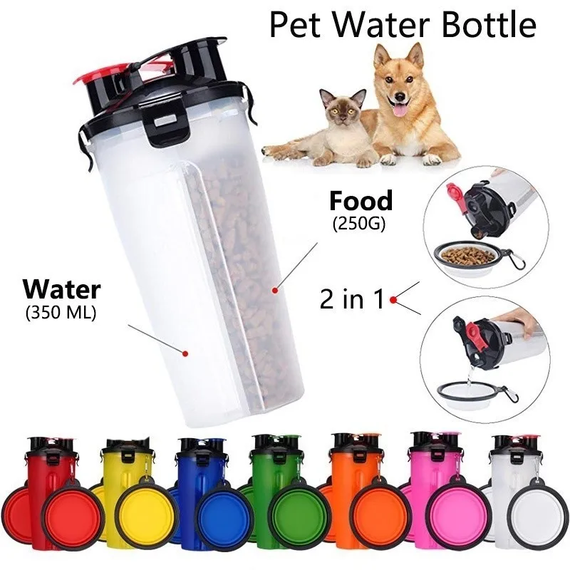 Дорожная Бутылка Для Кормления Собаки 2 в 1 ABS для воды, еды двойного назначения, складная миска для домашних животных, для кошек, на открытом воздухе, удобная для переноски бутылка для дрессировки собак