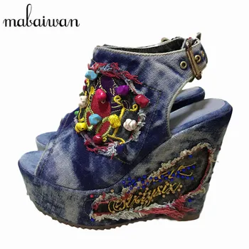 

Mabaiwan New Designer Summer Wedge Shoes Woman Embroidery Flowers Stone High Heels Peep Toe Denim Sandals Platform Pumps Wedges