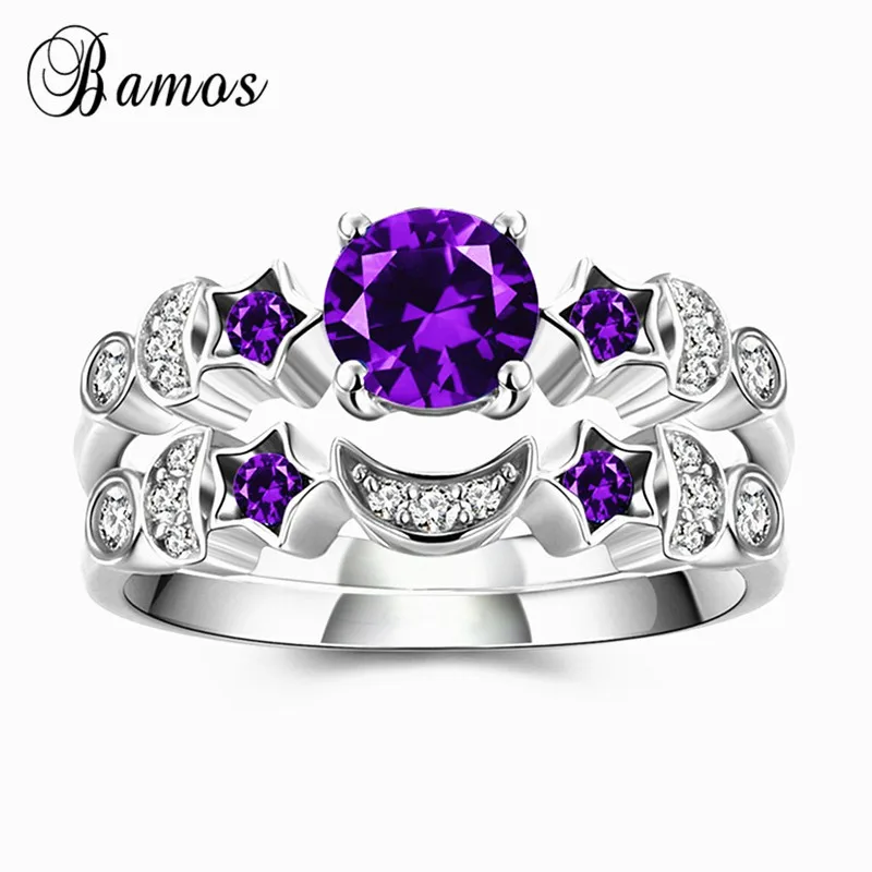 Vanski 3pcs Bridal Rings Set Silver Tone Moon and Star Cubic Zirconia Stackable Rings for Women Size 6-9