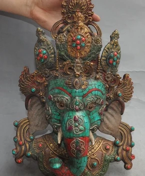 

15" Tibet turquoise Inlay ruby beryl gem Elephant mammon God Buddha statue Mask