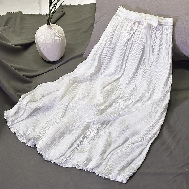 LYZCR, винтажная, хлопковая, линия, Женская юбка, миди, летняя, на шнуровке, Wihte, женские юбки, плиссированная, эластичная, линия талии, юбка для женщин - Цвет: White
