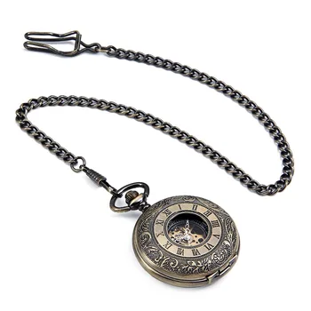 

20PCS A LOT Bronze Tone Pattern Case Black Dial Double Roman Numberl Hand Wind Mechanical Men's Pocket Watch Reloj De Bolsillo