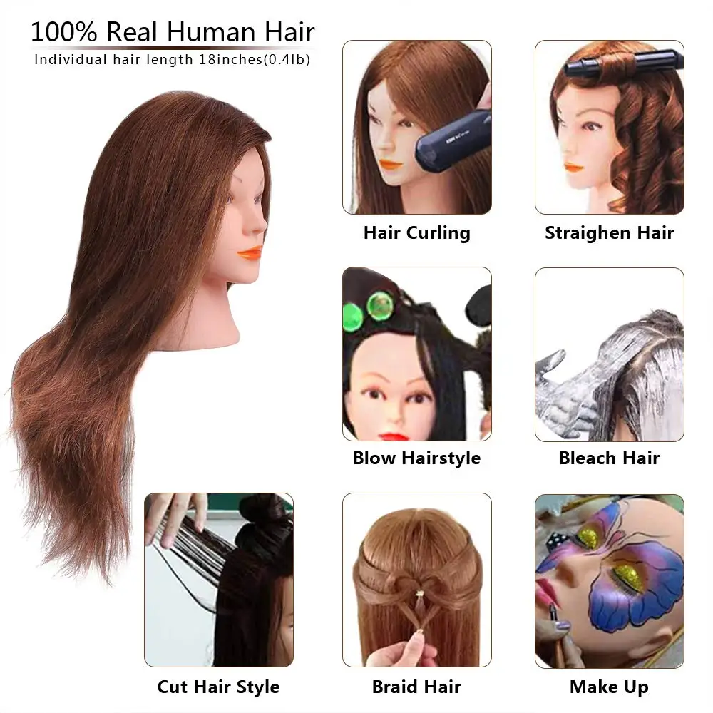 Kopen 18 Inch 100% Human Hair Styling Training Hoofd Hoofd Voor Rechttrekken, Curling, Verven, Bleken