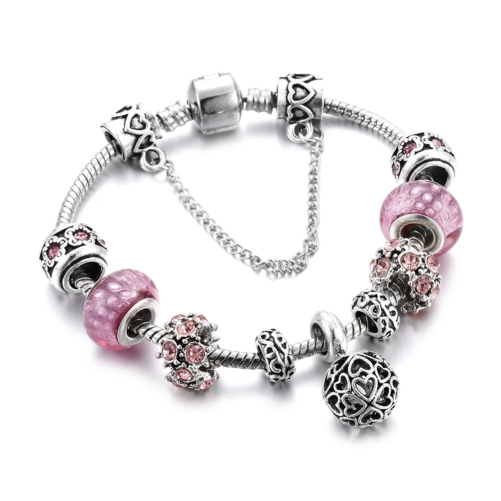 

Brand Women Bracelet Pink Crystal Gem Bead Ladies Charm Bracelets Silver Snake Chain Bangles Link Jewelry Kids Gift pulseras