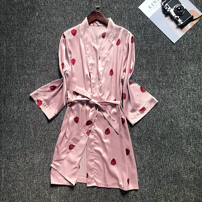 

New Pattern Lovely Strawberry Pajamas Woman Rayon Sexy 1 Pcs Robe With Belt Korean Fashion Sleepwear