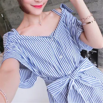 

YRRETY Off Shoulder Short Sleeve Wrap Dress Blue Stripe Bow Belt Sexy Dress Autumn Winter Plaid Short Dress Vestidos 2020 S-XXL