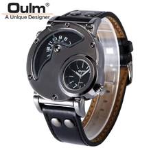 Envío gratis enfriar Deign Oulm 9591 hombres de lujo de deporte militar pulsera de cuarzo banda de cuero reloj Dual Movt formado redondo