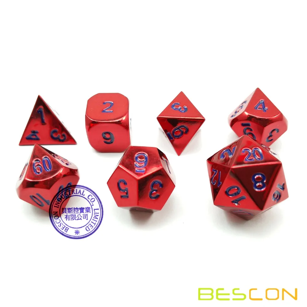 Bescon 7 шт. набор тяжелых металлических игральных костей набор глянцевого цвета вина, твердый металлический многогранный D& D набор игральных костей красное вино w/синие цифры