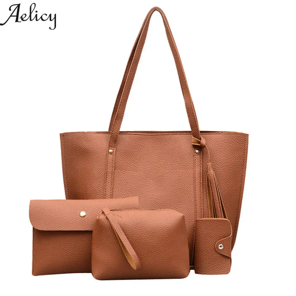 Aelicy 4 Pcs/Set Fashion Women Handbags Brand Composite Bag For Women Messenger Bags Female Purse Solid Shoulder Bags Casual 4 pcs tassels pendant bags set