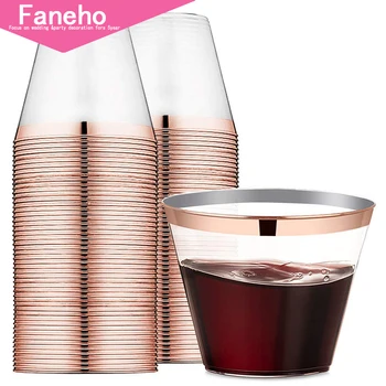 

9 oz Rose Gold Rimmed Plastic Cups Clear Plastic Tumblers - Disposable Hard Party Wedding Plastic Cups 60 Pack