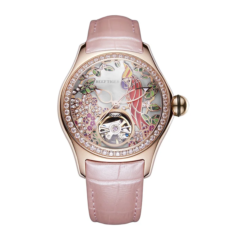 Reef Tiger/RT женские роскошные модные часы Reloj Mujer Diamond automatic Tourbillon кожаные часы Relogio Feminino RGA7105 - Color: 4