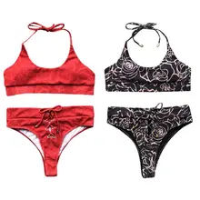 Women Sexy Two Piece Bikini Set Halter Deep Scoop Neck Bralette High Waist Criss Cross Drawstring Triangle Bottoms Boho Floral P Women Sexy Two Piece Bikini Set Halter Deep Scoop Neck Bralette High Waist Criss Cross Drawstring Triangle Bottoms Boho Floral P