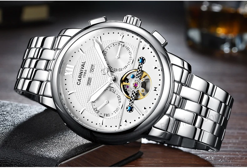 

Carnival Hollow Mechanical Watch Men Tourbillon Day-Date Waterproof Luminous Male Business Wristwatch Relogio Masculino