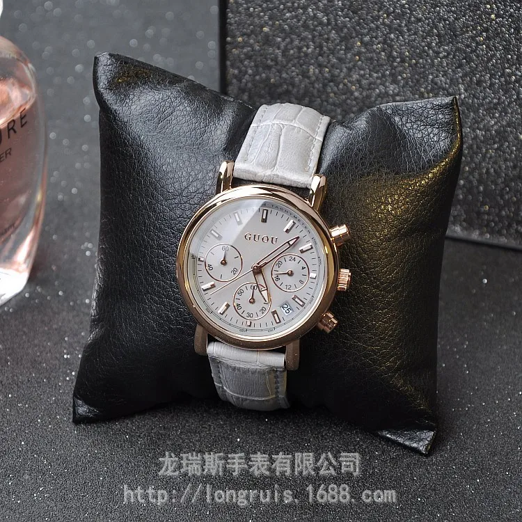 

2018 Fashion GUOU Good Quality Real Leather Calendar Lady Six Pin Multifunctional Personality Rose Gold Diamond Woman Gift Watch
