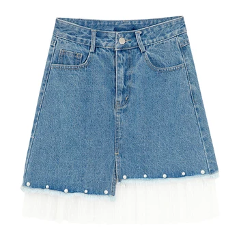 

4xl plus big size vintage skirts women 2018 summer spring korean new irregular net stitch high waist denim skirts female A4923