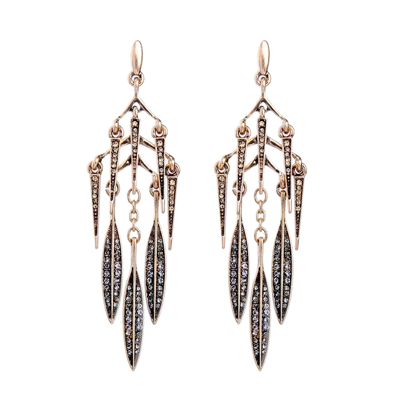 Hanging Rhinestone Leaves Chandelier Earrings Unique Long Earrings for