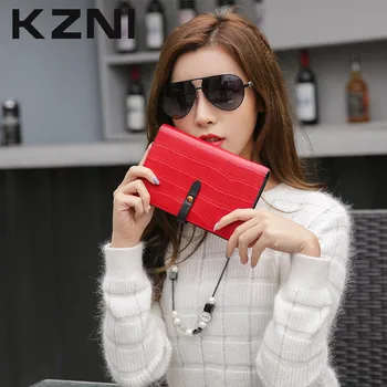 

KZNI Day Clutches Purse Money Crocodile Women Genuine Leather Embossed Wallet Card Holder Leather Wallet Female Designer 2146