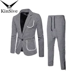Мода плед одной кнопки Slim Fit мужской костюм набор 2019 Новое поступление мужской s блейзеры куртка и брюки комплект из двух предметов для