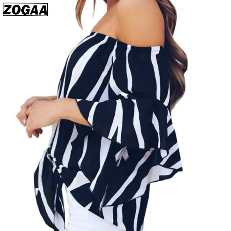 ZOGAA 2019 New Sexy Shoulders Mid-sleeve Lady's Shirts Slash Collar Striped Casual Chiffon Shirt Loose Girl Fashion Clothing ZOGAA 2019 New Sexy Shoulders Mid-sleeve Lady's Shirts Slash Collar Striped Casual Chiffon Shirt Loose Girl Fashion Clothing
