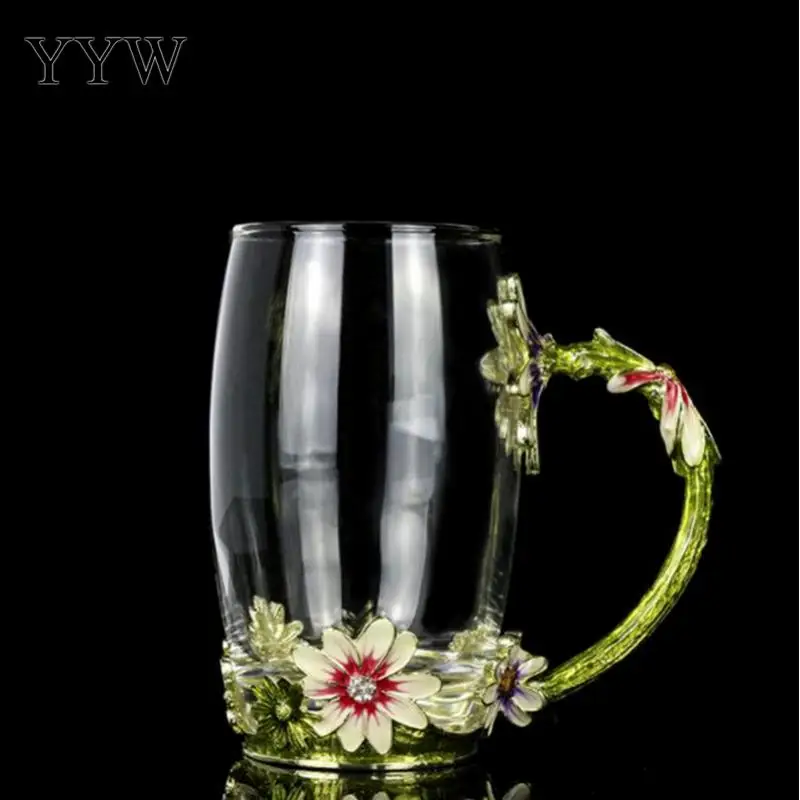 1pcs Daisy Enamel Crystal Cup Flower Tea Glass High-Grade Glass Water Cups Flower Mug With Handgrip Mugs Gift For Lover Wedding