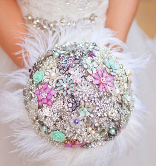 

Luxurious Wedding Bouquet Jewelry Purple Crystal Rhinestones Feather Bride Bouquet Brooch Bouquet Brooch Accessories