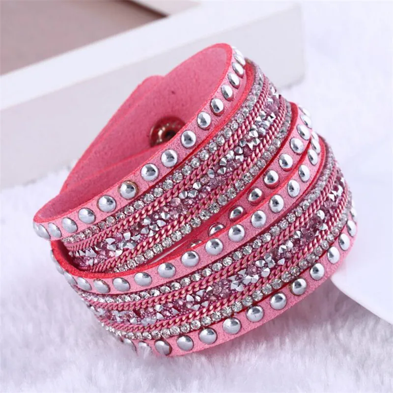 

Fashion Rhinestone PU Leather Crystal Multilayer Bangles Bracelets Girl Hand Chain Wrist strap For Women Jewelry,Clothing Wild