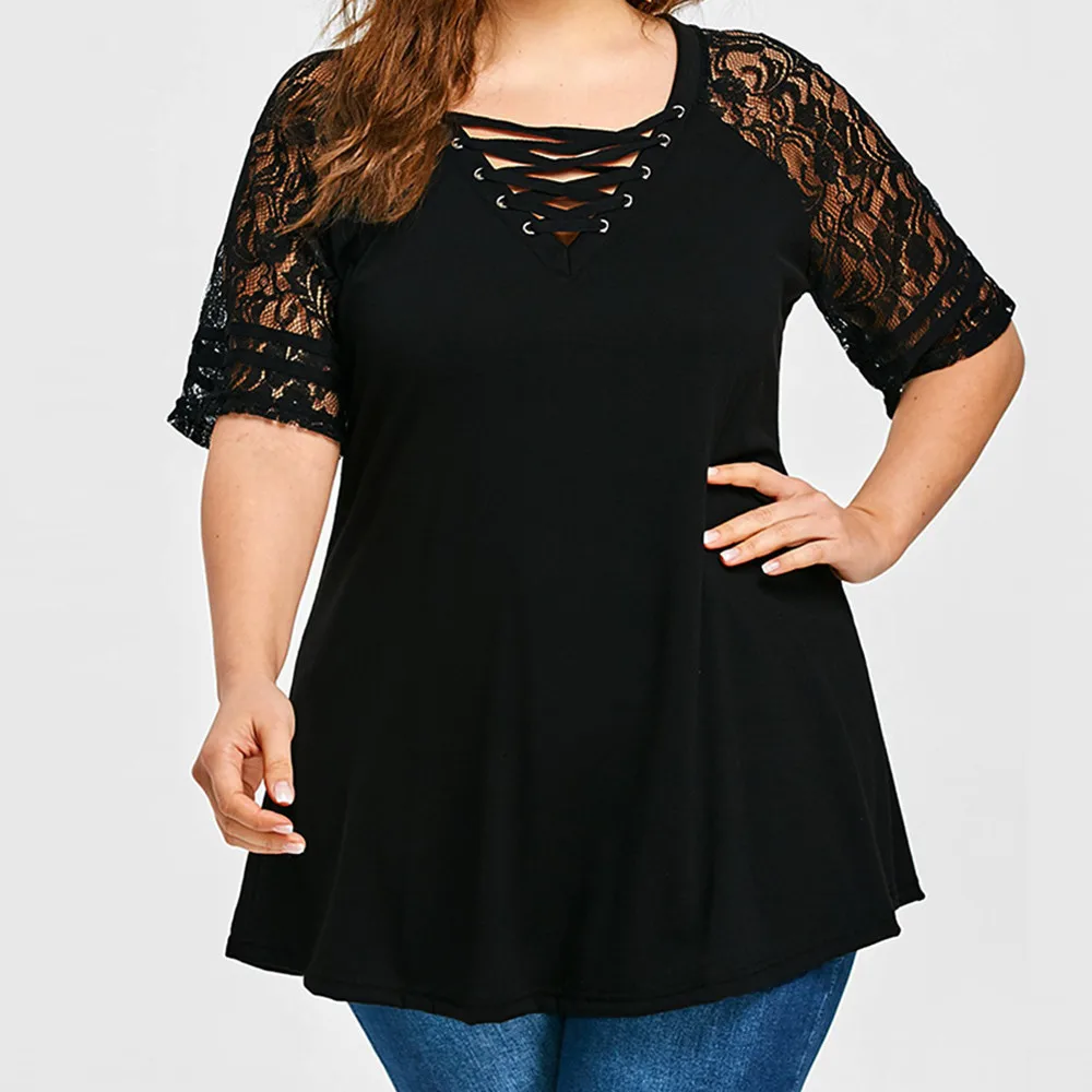 

Large size Women blouse Sexy V-Neck lace-up Plus Size 5XL Half Sleeve Shirt Female Casual Hollow Lace Tees Tops Clothes blusa