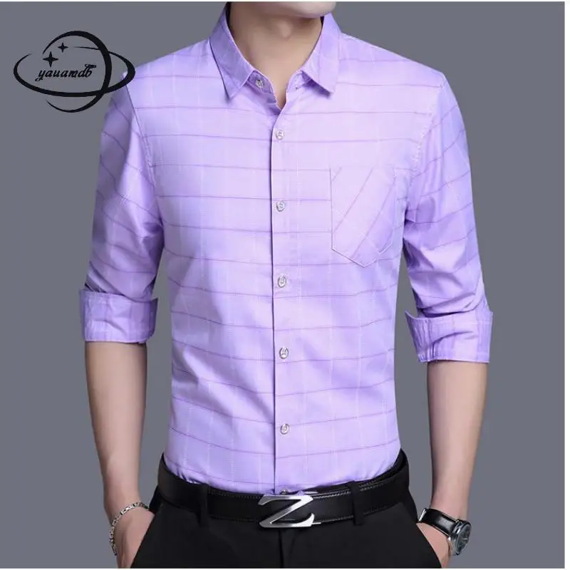 

YAUAMDB men shirts 2018 spring autumn size M-3XL cotton male clothing long sleeve Turn-down collar formal plaid man clothes Y60