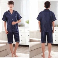 Темно-синяя мужская пижама 2 шт. рубашка брюки пижамные комплекты одежда для сна летний искусственный шелк ночная рубашка короткий халат одежда L-XXXL