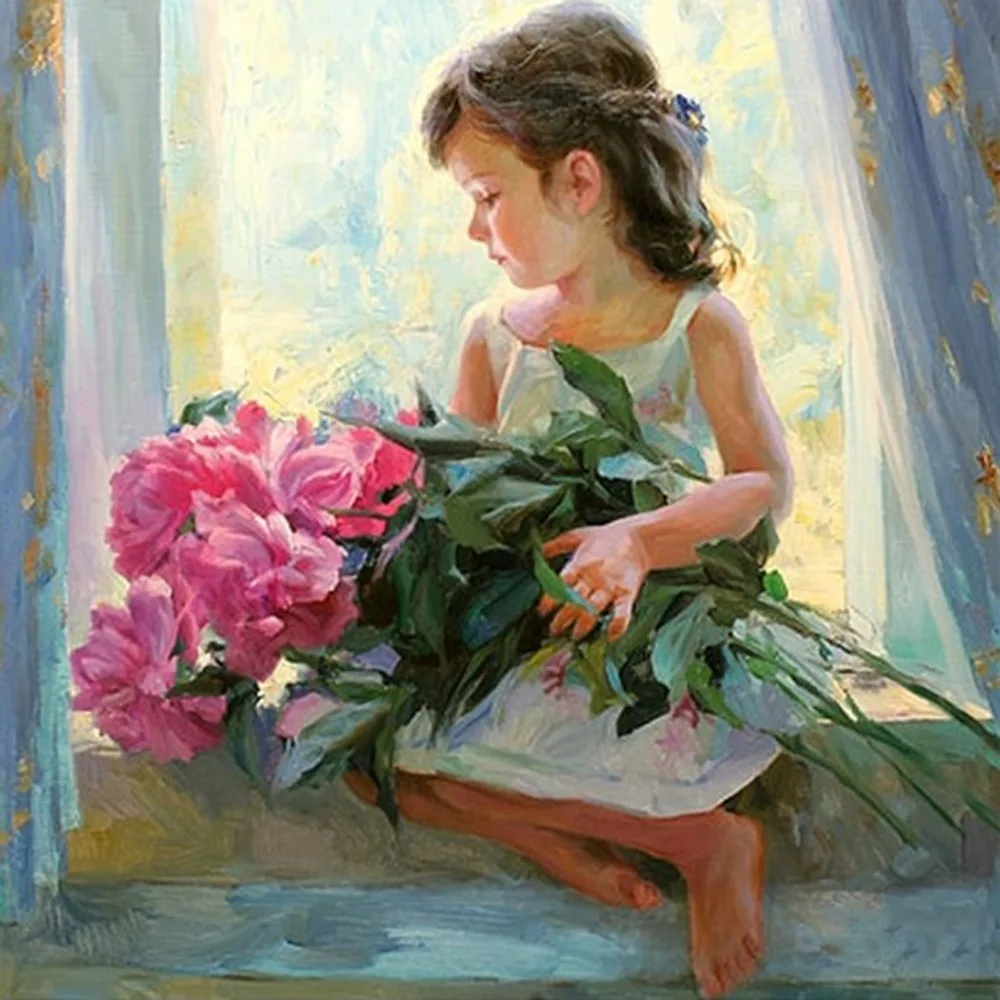 

DIY Diamond Embroidery,5d Diamond Painting Cross Stitch,The Little Girl on the Windowsill,Diamond Mosaic, Diamond Needlework Kit