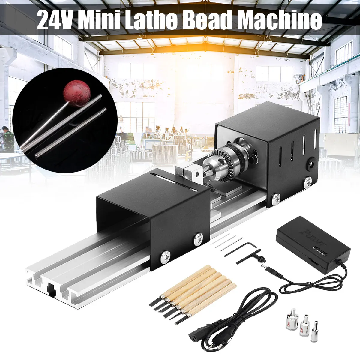 

Mini Lathe Machine Woodworking DIY Lathe Set with DC 24V 80W Adapter 3 Pcs Beads Round Device 6 Chisel
