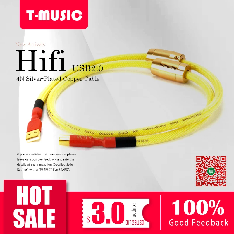

1PCS HiFi Audio Tpye A-B 4N Silver-plated copper USB Cable W/ Dual Anti-interference Magnetic-ring , Yellow