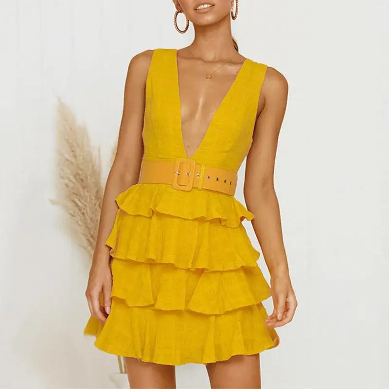 

Femajor Women Fashion Sexy Deep V Yellow Short Dress Summer Casual High Waist Sleeveless Cake Dress Female Chic Backless Vestido