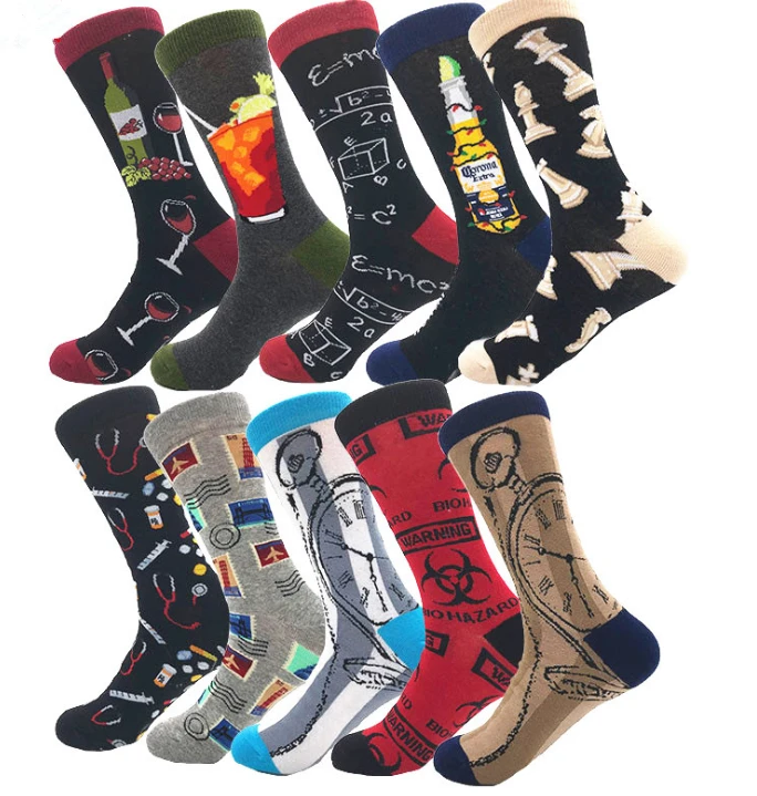 

1 pair men socks combed cotton cartoon Bell Wine Cup Drinks maths novelty funny socks