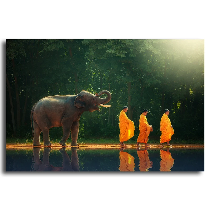 

on Canvas zen Elephant Thailand elephant walk behind monks or priests as a reflection of the shadow red Oil Painting