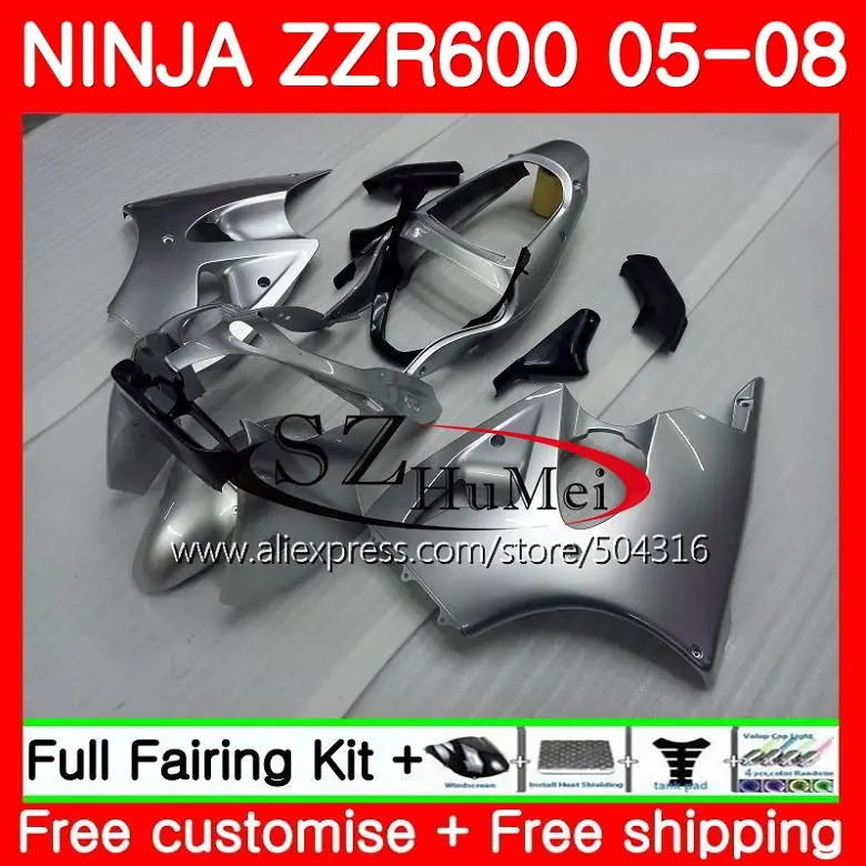 

Bodywork For KAWASAKI NINJA ZZR-600 ZX 600CC ZX600CC gloss Silver 14SH19 ZZR 600 05 06 07 08 ZZR600 2005 2006 2007 2008 Fairings