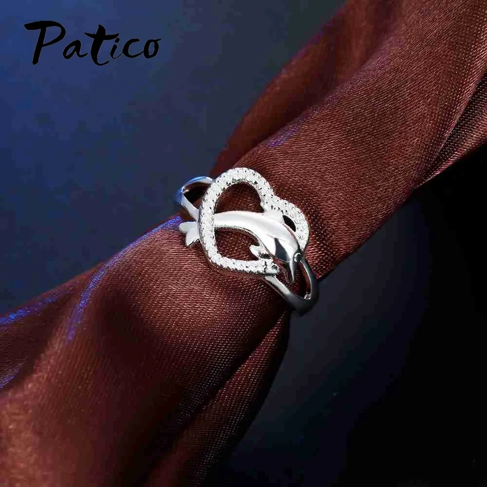 PATICO Fashion Women Rings Charm Heart 925 Sterling Silver Wedding Jewelry For Female Animal Dolphin Lovers Bague Wholesale