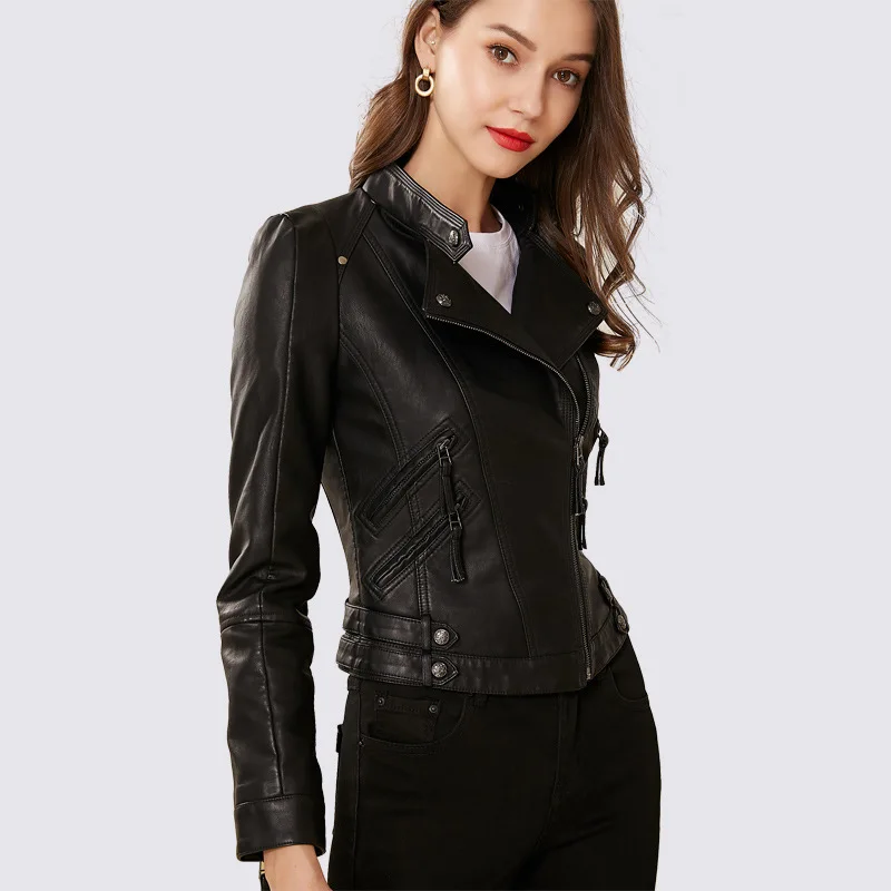 Fashion Solid Women Faux Leather Jacket Turn-down Collar Slim Jackets and Coats Office Lady Motorcycle Overcoat