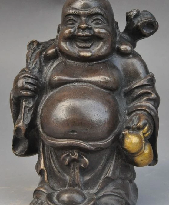 

6" china Buddhism Bronze gilt wealth gold bag gourd happy Maitreya Buddha Statue