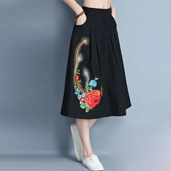 

women Floral Embroidered long skirt lady girls Cotton Linen Chinese Style spring summer autumn pockets A-Line Mid-Calf skirt