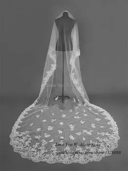 

3 Meters White Ivory Lace Edge Applique one Layer Long Wedding Veil Tulle Bridal Veils Free Shipping 2015 for Marriage Women