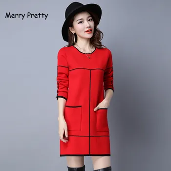 

Merry Pretty thick knit winter dress women elegant Long sleeve OL O-neck sweater dress female pocket casual dress plus size 3XL