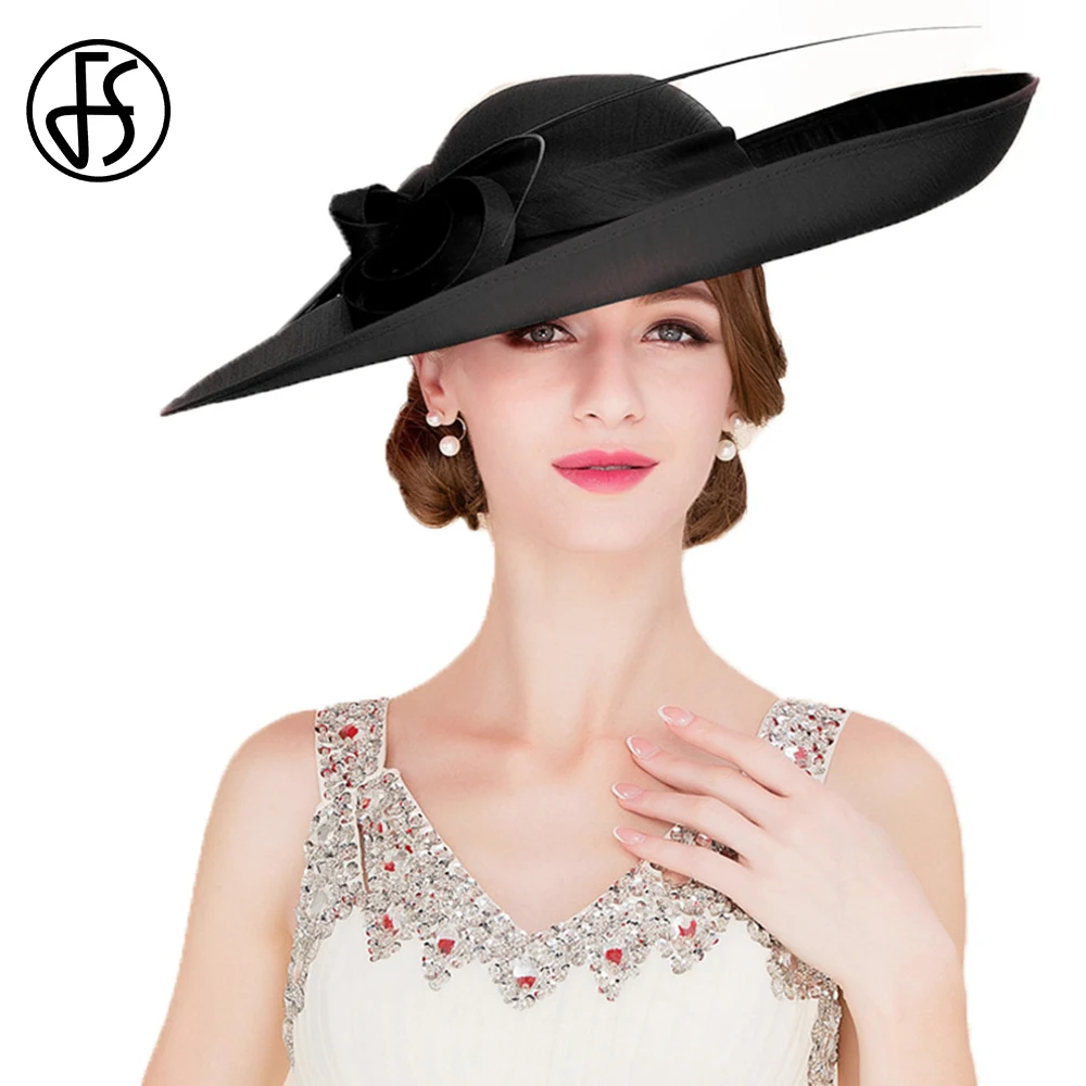 

FS Royal Weddings Hats For Women Elegant Lady Girls Black Red Fascinators Big Brim Kentucky Church Fedoras Party Dress Derby Hat
