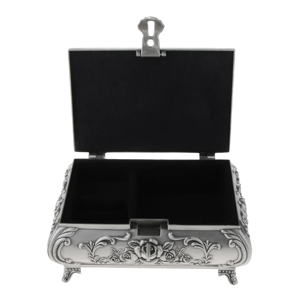 MagiDeal Vintage Jewelry Storage Box Rectangle Zinc Alloy with Antique Rose Flower