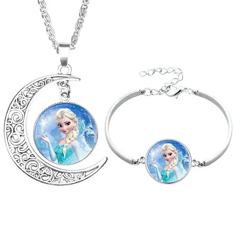

Classic Cartoon Disney Princess Frozen Suit Time Gemstone Isana Alloy Bracelet Necklace Set for Home Toys and Jewelry